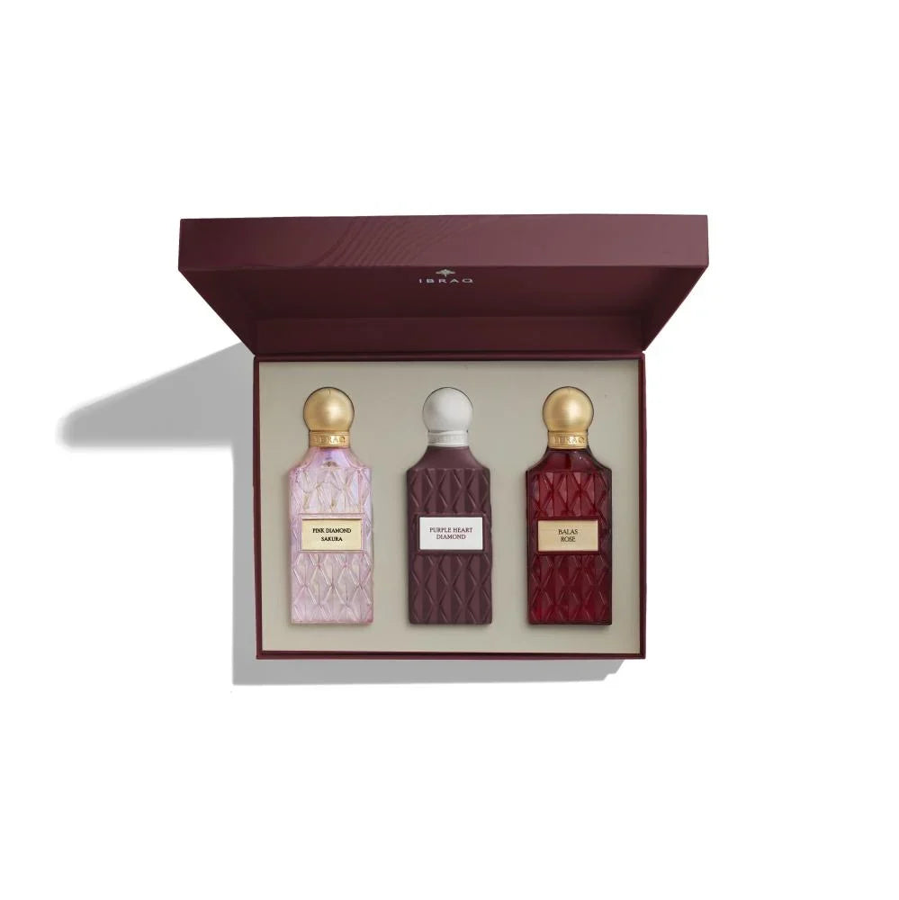 Ibraq Maroon Diamond Set van Eau de Parfum voor dames - 3 x 75 ml